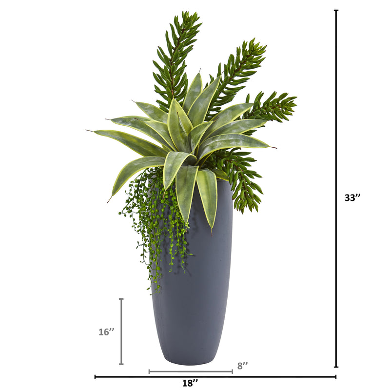 33” Snake Sansevieria And Succulent Artificial Plant In Gray Planter