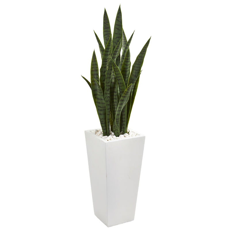 4’ Snake Sansevieria Artificial Plant In White Tower Planter