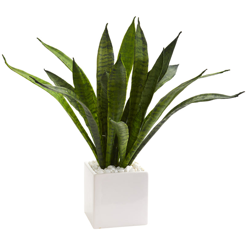 18” Sansevieria Artificial Plant In White Planter