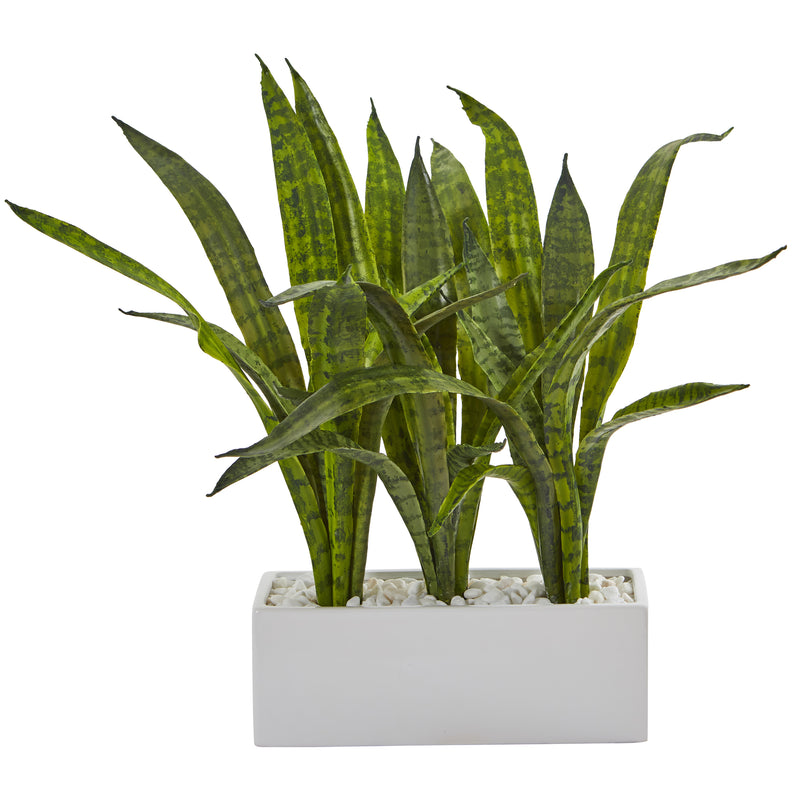 18” Sansevieria Artificial Plant In Glazed White Planter