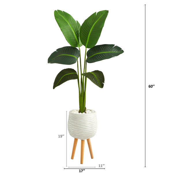 5’ Traveler’s Palm Artificial Plant In White Planter With Stand (Real Touch)