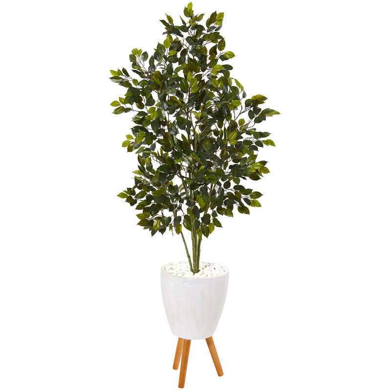 5’ Ficus Artificial Tree In White Planter With Stand