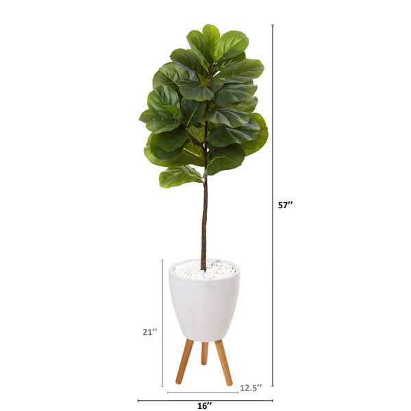 57” Fiddle Leaf Artificial Tree In White Planter With Stand (Real Touch)