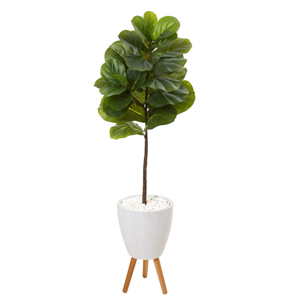 57” Fiddle Leaf Artificial Tree In White Planter With Stand (Real Touch)