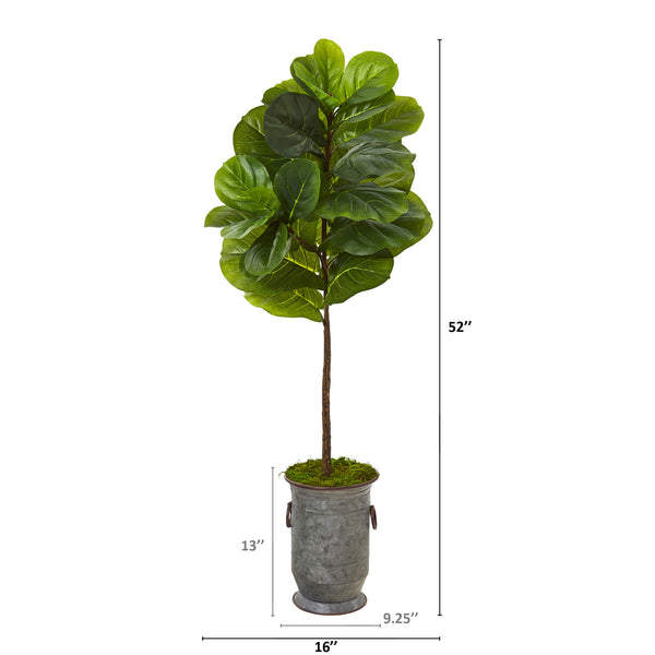 52” Fiddle Leaf Artificial Tree In Vintage Metal Planter (Real Touch)