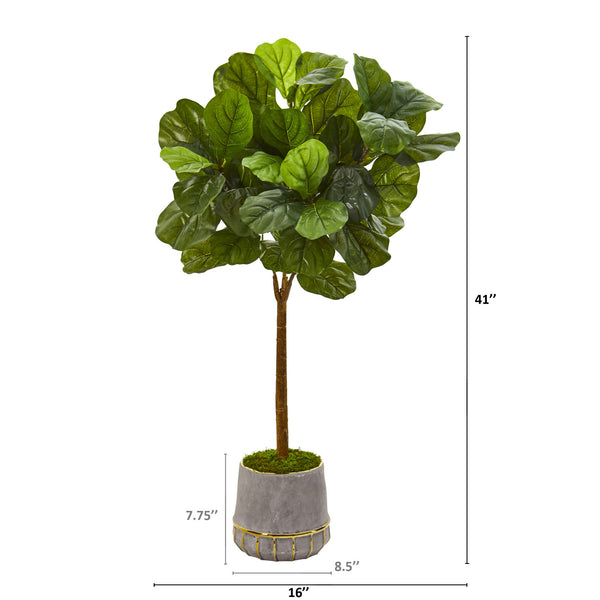 41” Fiddle Leaf Artificial Tree In Stoneware Planter With Gold Trimming (Real Touch)