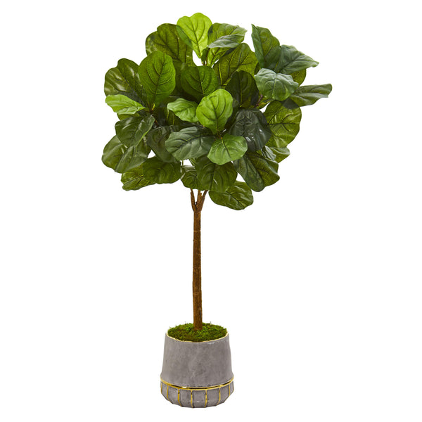 41” Fiddle Leaf Artificial Tree In Stoneware Planter With Gold Trimming (Real Touch)