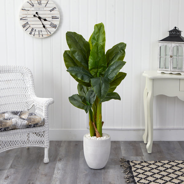 52” Triple Stalk Artificial Banana Tree In White Planter (Real Touch)